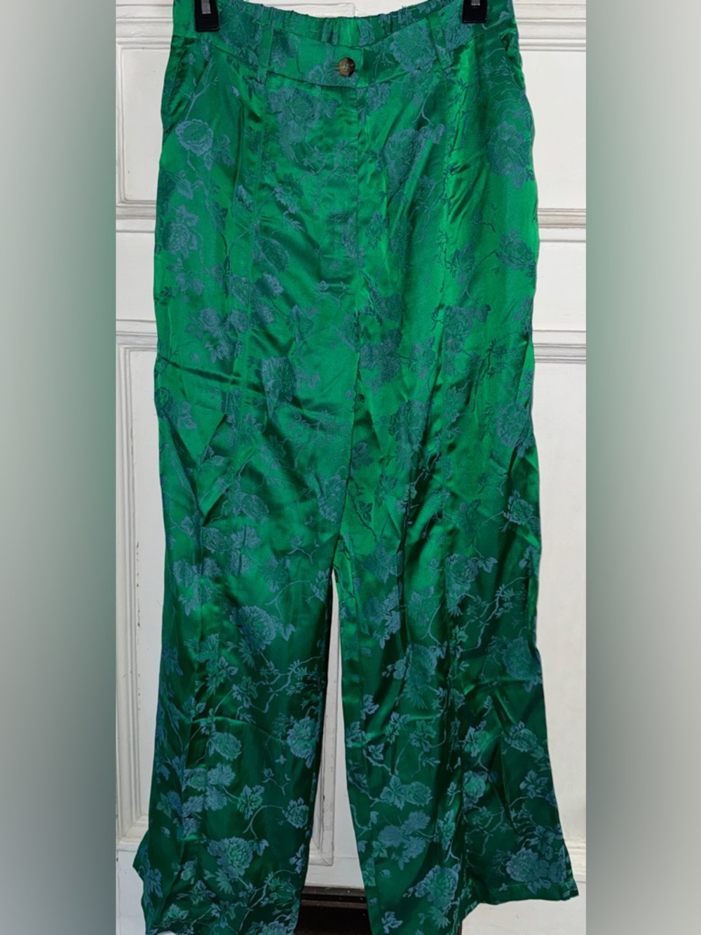 FRNCH Green Floral Satin Wide-Leg Pants